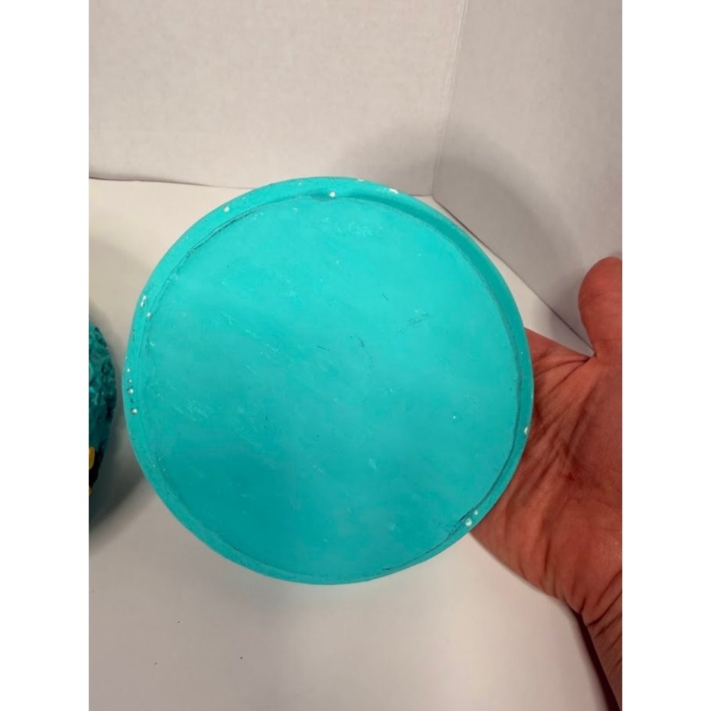 Vintage Turquoise Blue Round Trinket Box Yellow Raised Floral Relief Florentine - Picture 9 of 9